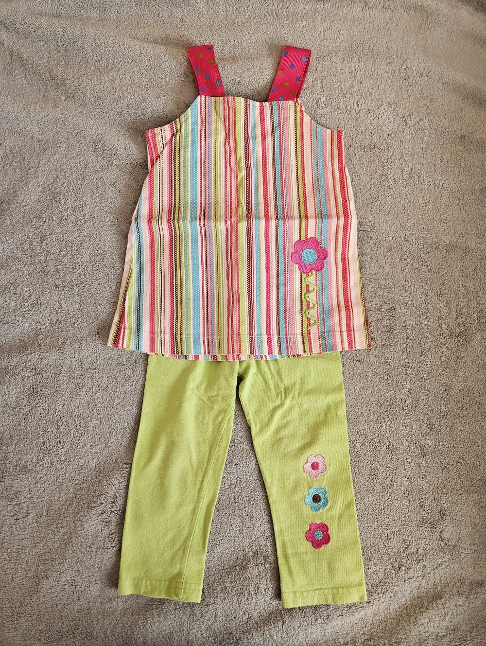 Girls 2T Striped Pink & Green Embroidered Flower Matching